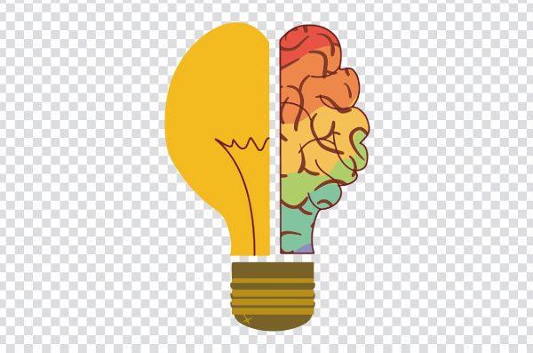 Light bulb and brain illustration featuring an incandescent light bulb and Foco lamp