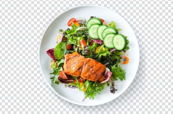 Salmon with vegetables salad in plate, leaf Vegetable, food, recipe, salad, fish png