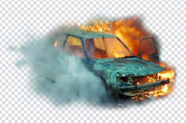Crashed Car on Fire PNG – High-Quality Burning Car Image