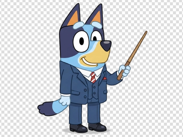 Bluey Cartoon Dog in Suit with Pointer PNG Transparent Background